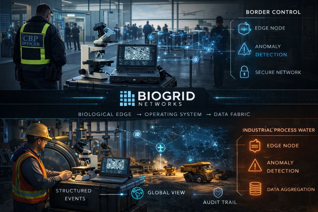 BioGrid deployed at border control and industrial process water environments — Edge Node, Anomaly Detection, Data Aggregation