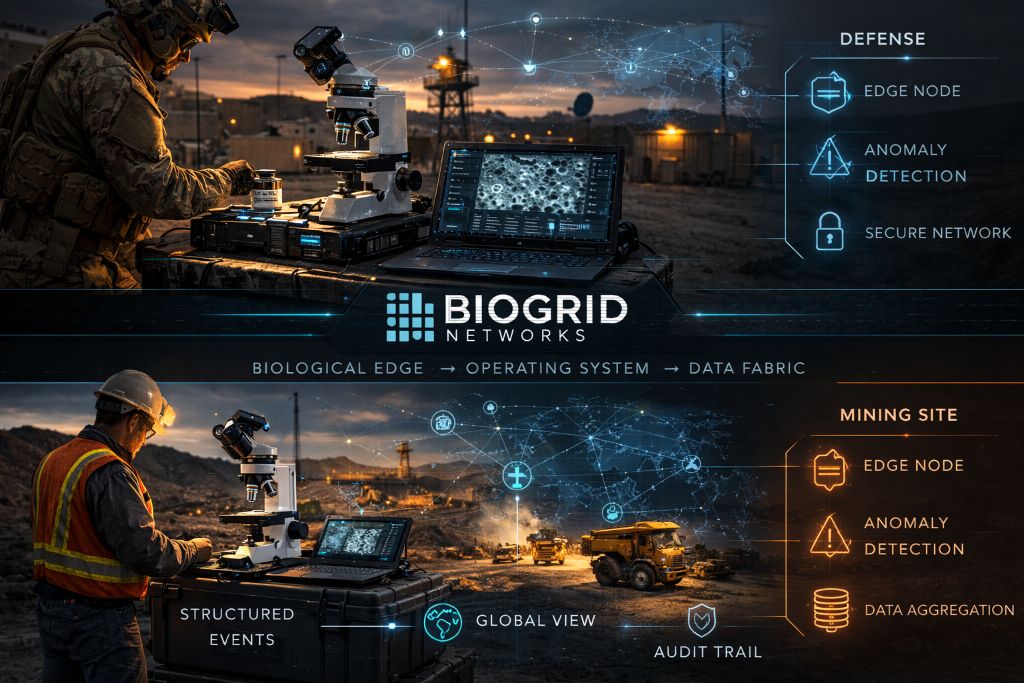 BioGrid deployed in defense and mining environments — Edge Node, Anomaly Detection, Secure Network