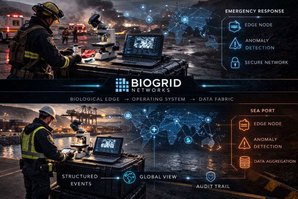 BioGrid deployed in emergency response and sea port environments — Edge Node, Anomaly Detection, Secure Network