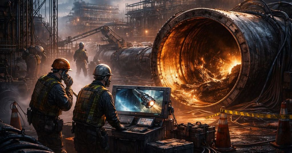 Infrastructure inspection environment — operators monitoring robotic inspection inside a large industrial pipeline