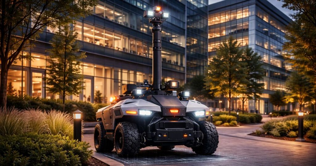 PrimeScout autonomous patrol robot operating at a commercial campus at night
