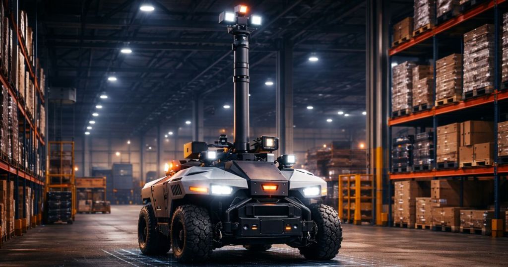 PrimeScout autonomous patrol robot operating inside a large warehouse facility