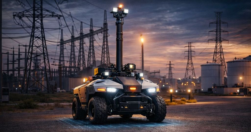 PrimeScout autonomous patrol robot operating at an energy infrastructure site at dusk