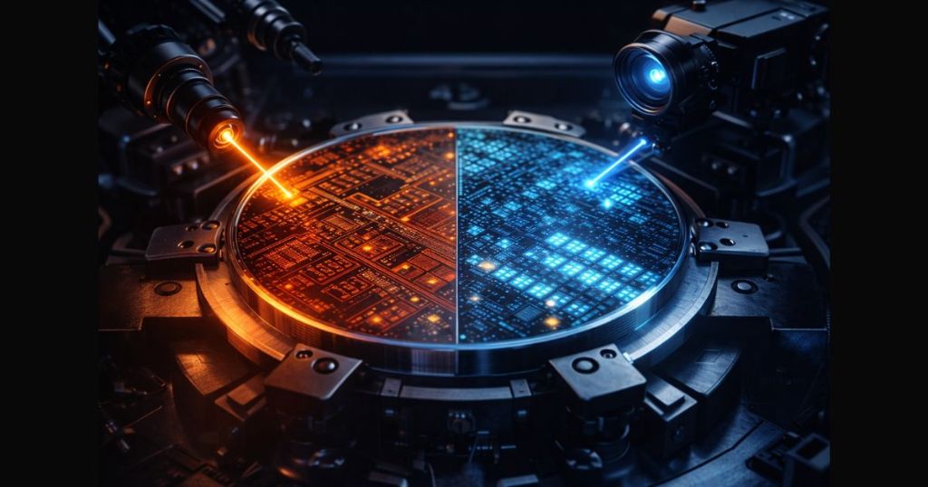 Semiconductor wafer under dual-beam optical and laser inspection system.